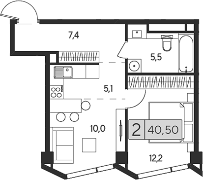 2-комн 40,50 м²