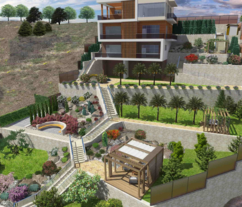 многоуровневый экстерьер с уличными растениями, беседкой из дерева и трехэтажным домом в стиле хай-тек с деревянными элементами и белым цветовым акцентом с панорамными окнами и террасой на верхнем этаже 