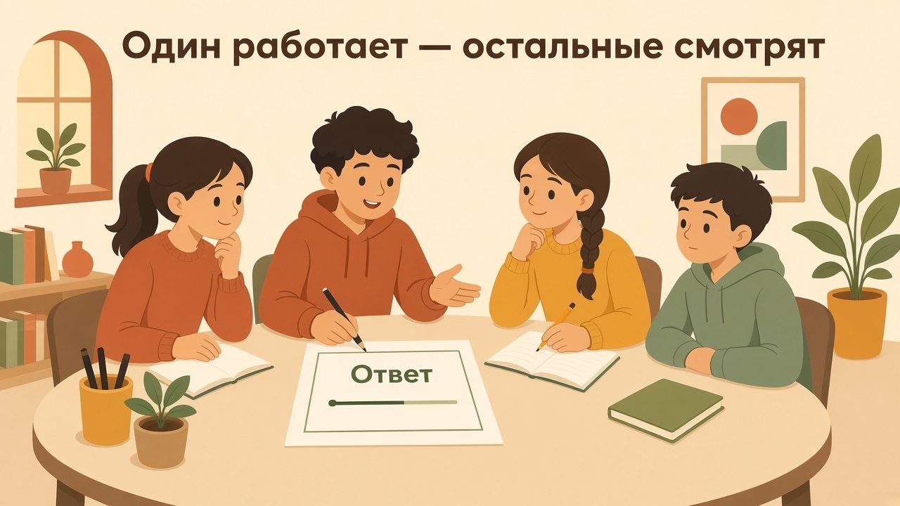 Четверо учеников за столом: один записывает ответ, остальные смотрят