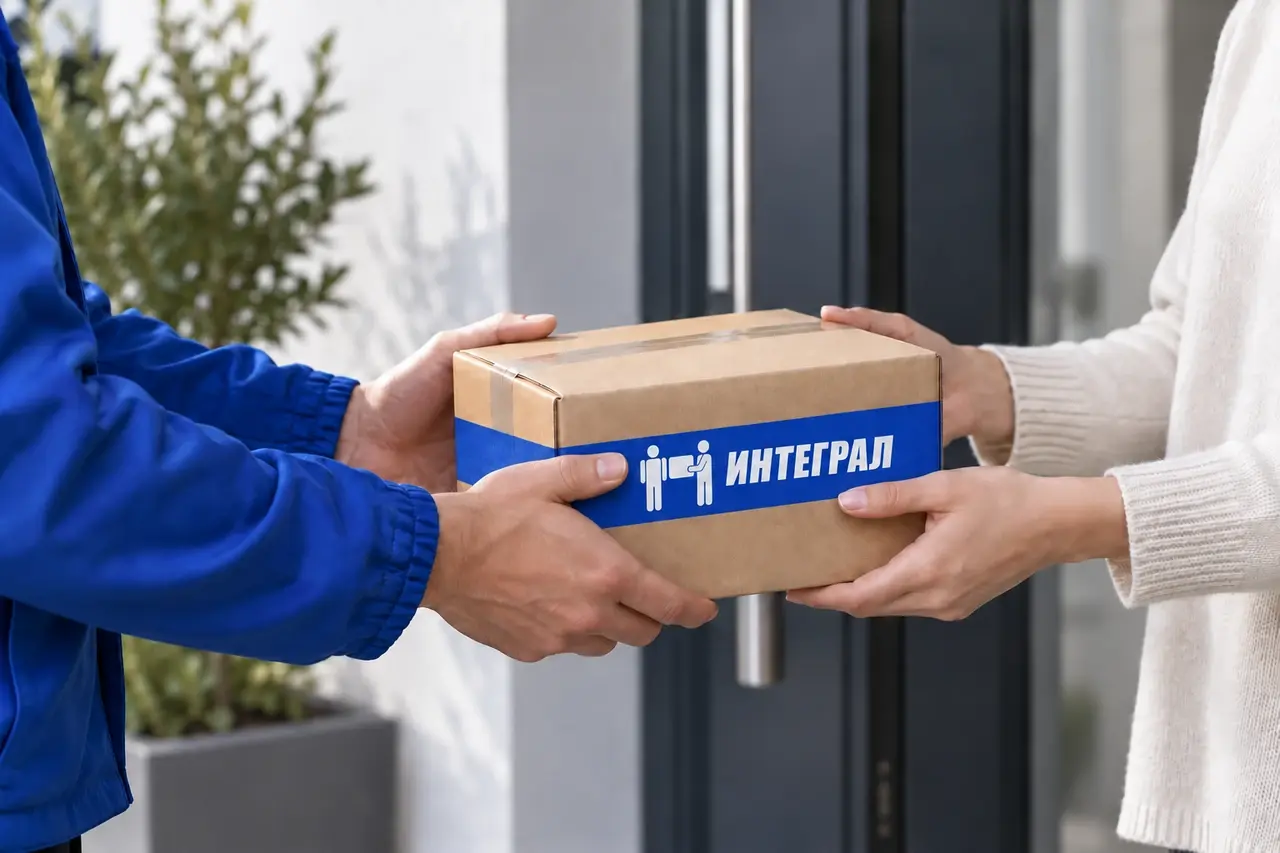 Передача посылки с фирменным скотчем «Интеграл» получателю