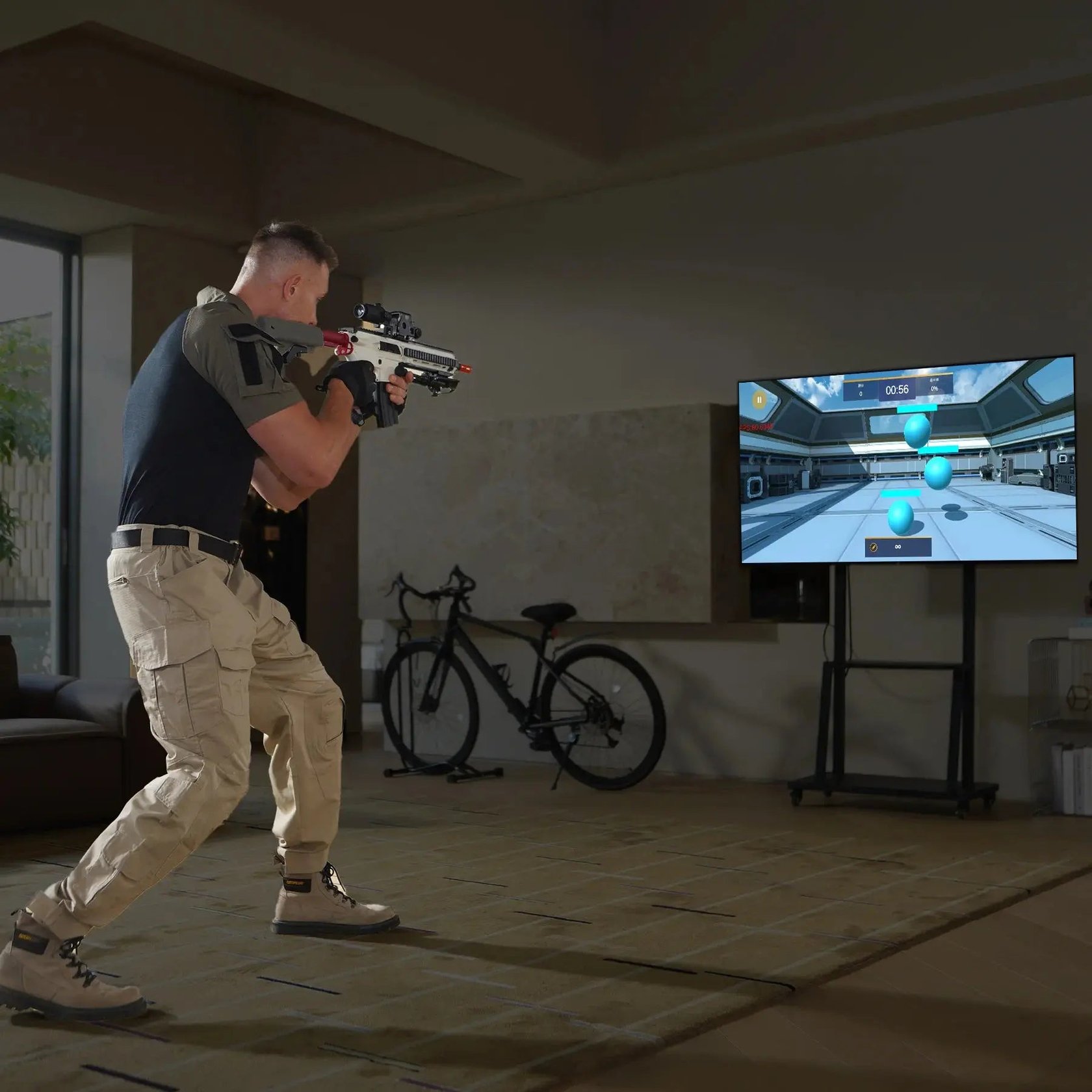 Shooter aiming the Wonderfitter M416 rifle at a TV screen