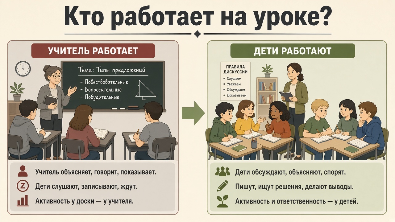 Сравнение: урок, где работает учитель, и урок, где работают дети