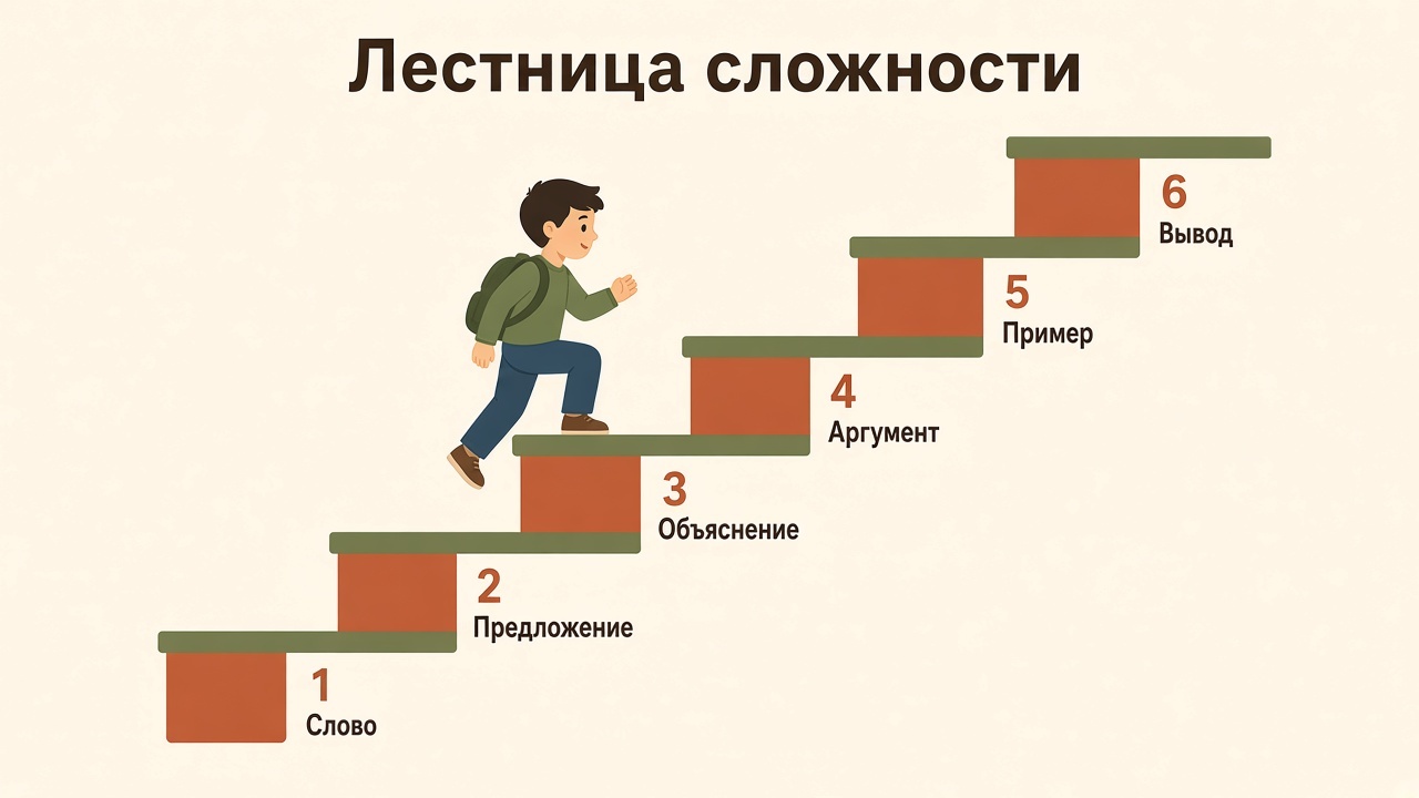 Лестница: слово, предложение, объяснение, аргумент, пример, вывод