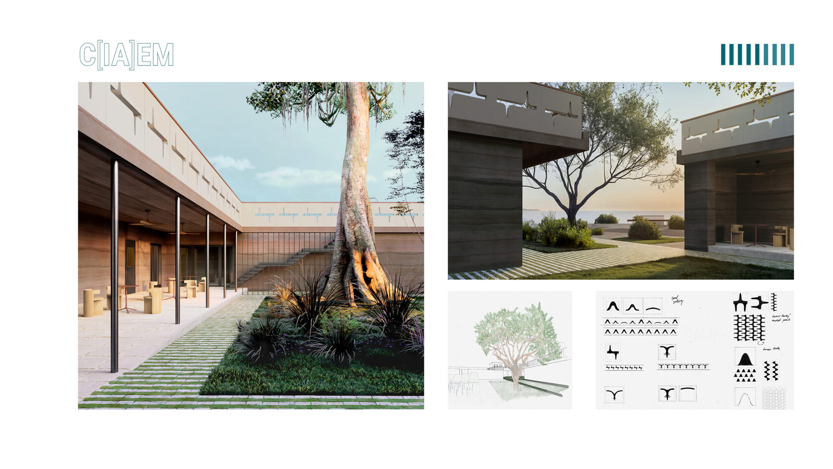 Игровая зона на открытом воздухе между комнатами подростков в частной вилле. Двор с внедрением стены для боулдеринга/скалолазания. Благоустройство частной территории.