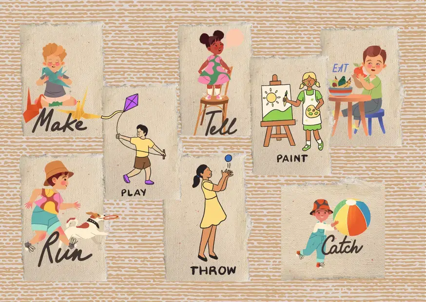 Английские глаголы с картинками: make, tell, paint, eat, play, run, throw, catch