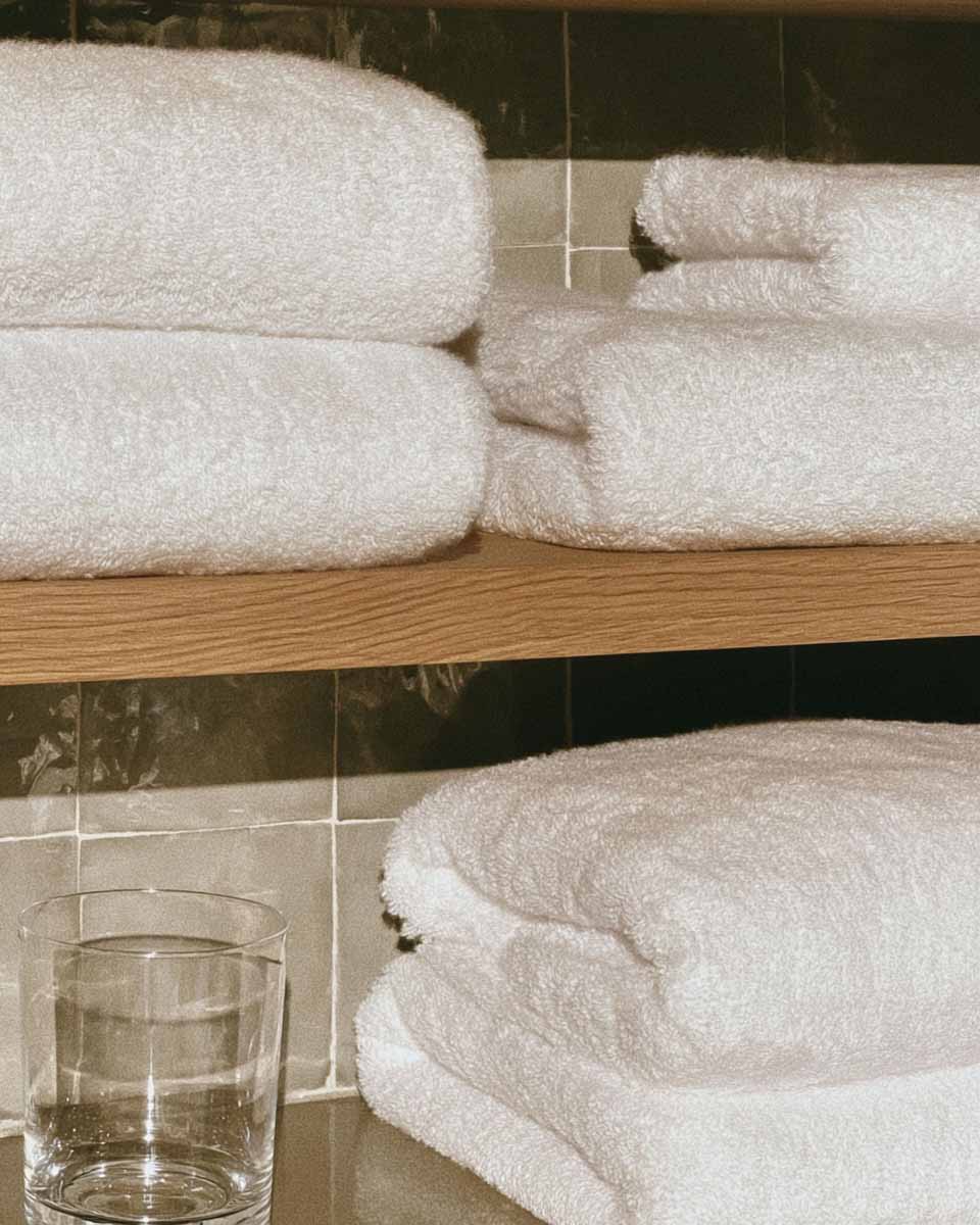 Открытые полки из светлого дуба со стопкой белых полотенец на фоне стены из зеленой плитки