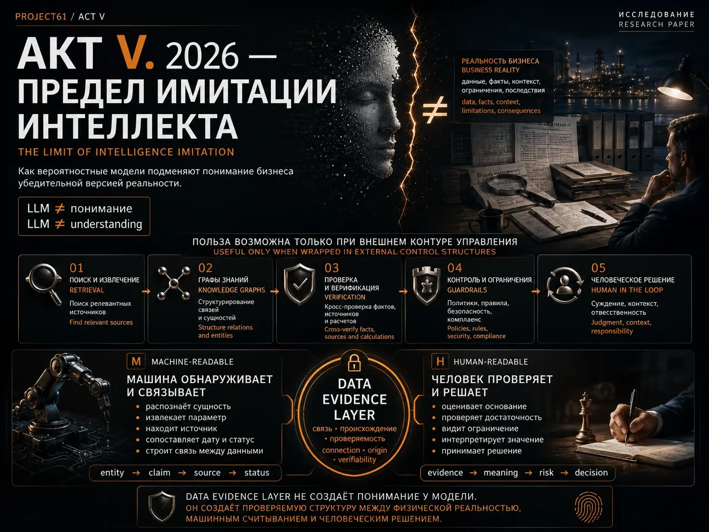 Инфографика Акта V Проекта 61: предел имитации интеллекта схема разграничения машиночитаемого обнаружения и человеческого контроля через Data Evidence Layer.