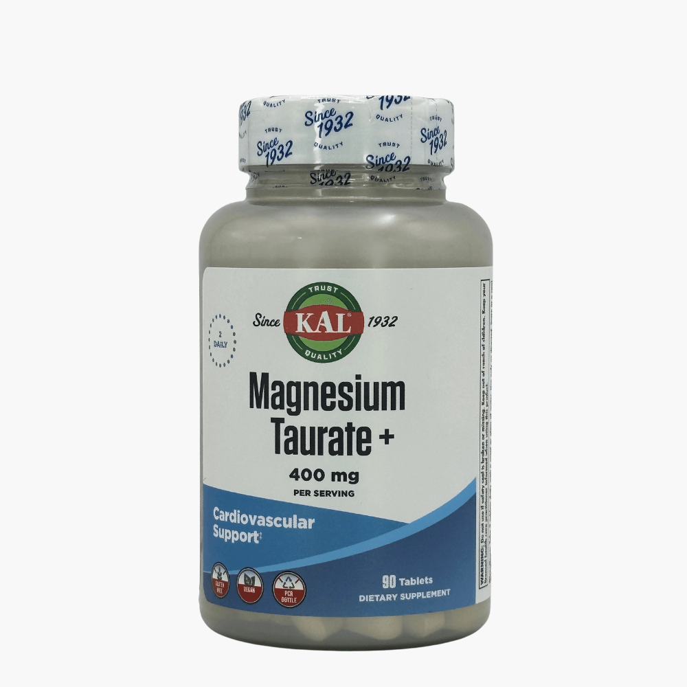 Упаковка KAL Magnesium Taurate + — магний в хелатной форме с витамином B6 для расслабления и поддержания нормальной работы нервной системы.