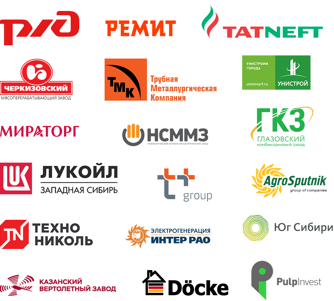 Партнеры и лидеры России: логотип РЖД, логотип Ремит, логотип TatNeft, логотип Черкизовский мясокомбинат, логотип ТМК, логотип Унистрой, логотип Мираторг, логотип НСММЗ, логотип ГКЗ, логотип Лукойл, логотип T+ групп, логотип Агроспутник, логотип Технониколь, логотип Интер Рао, логотип Юг Сибири, логотип КВЗ, логотип Docke, логотип PulpInvest