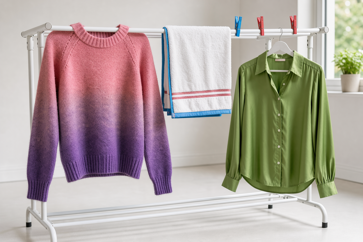 Clothes hanging to dry indoors near a bright window: wool sweater, cotton towel and a silk blouse gently draped on a drying rack