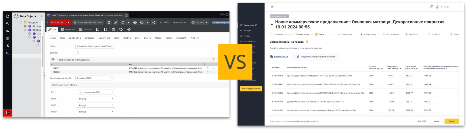 Pim-core VS портал поставщика