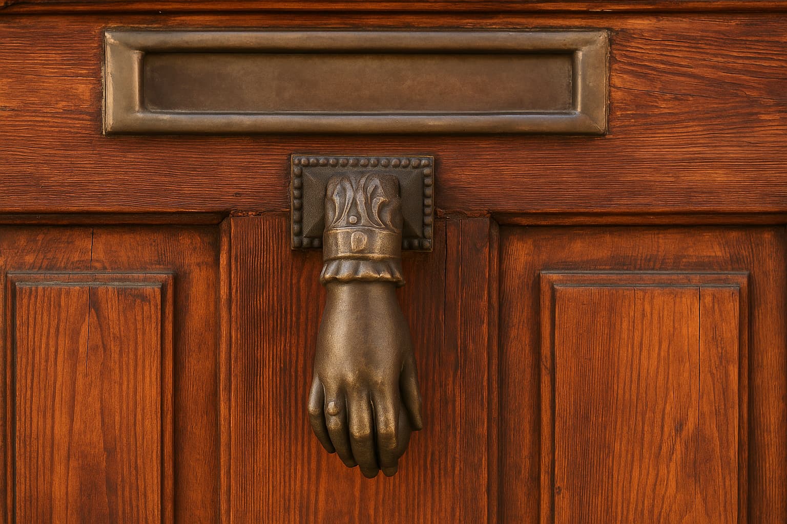 antique door knocker, hand-shaped knocker, door symbolism, architectural heritage