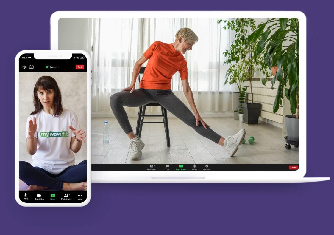 Woman doing knee rehab exercise on chair during online session