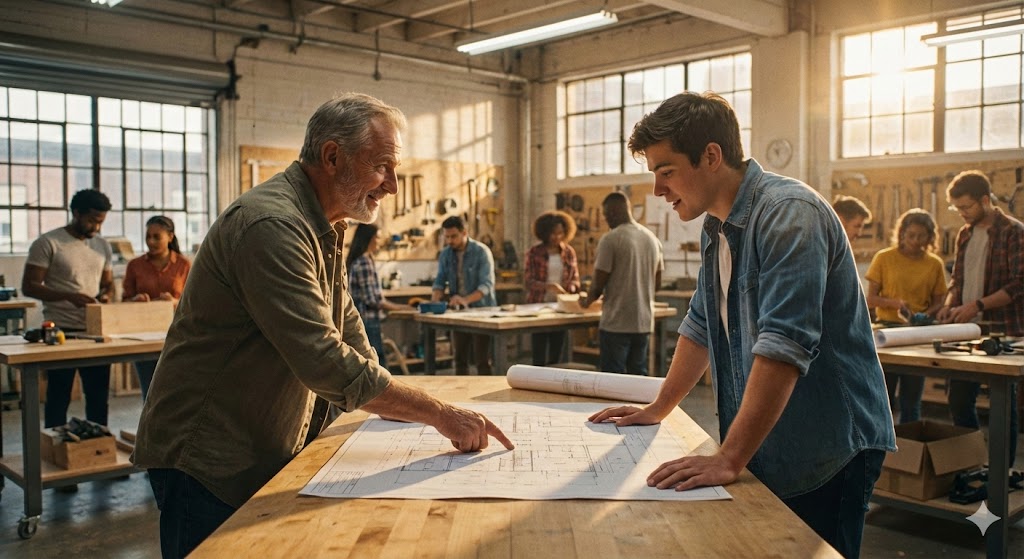 Наставник объясняет материал ученику в честь Международного дня наставничества