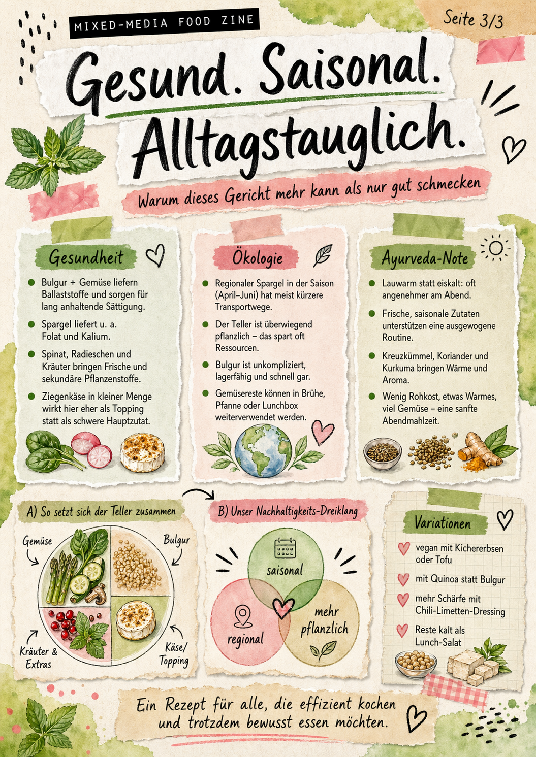 Infografik zu gesundheitlichen Vorteilen, Nachhaltigkeit und Variationen eines Spargel-Bulgur-Salats mit Fokus auf saisonale Zutaten und ausgewogene Ernährung
