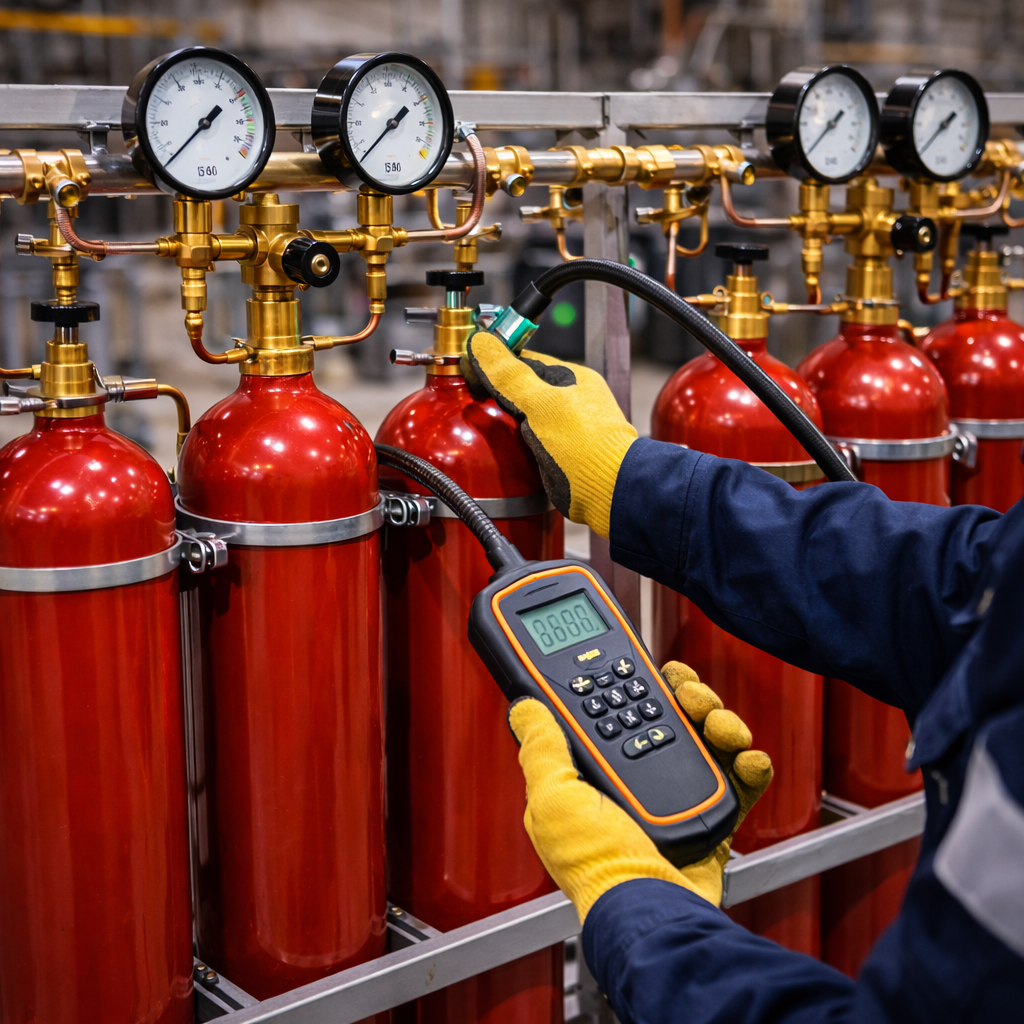 Проверка соединений перепускной газовой рампы с двумя группами красных баллонов, соединённых общим коллектором и трубопроводами в промышленном помещении.