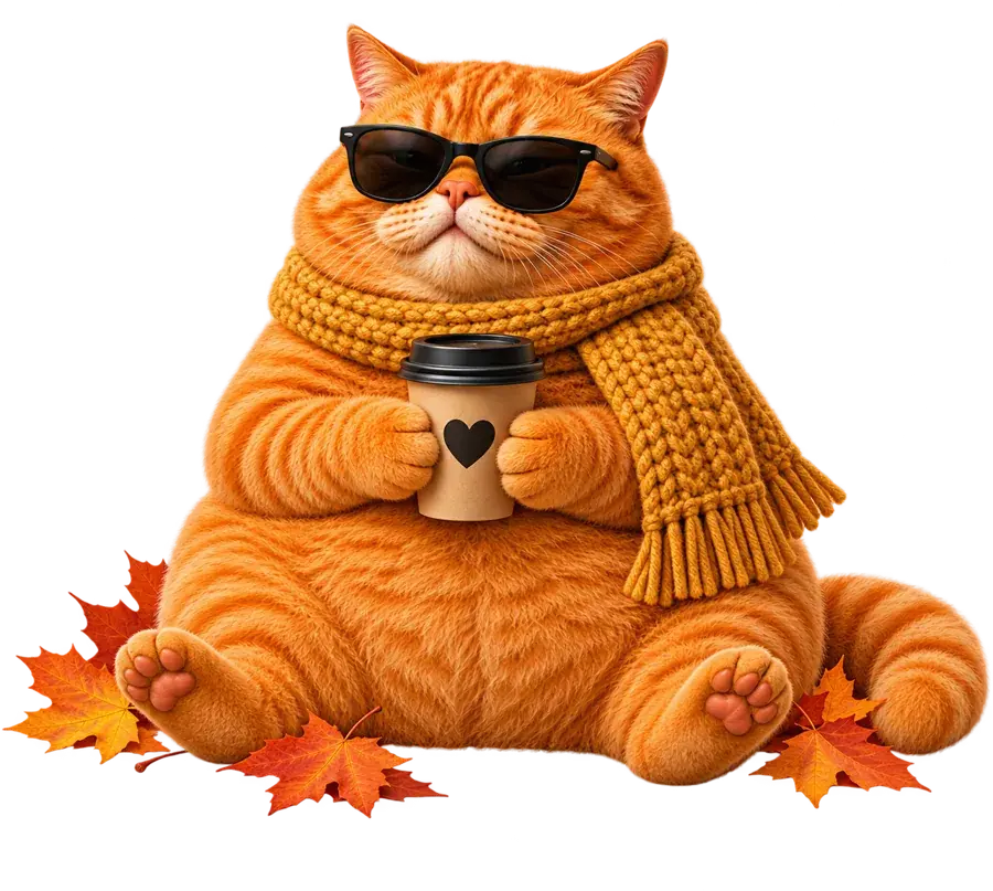 Рыжий кот в шарфе с кофе