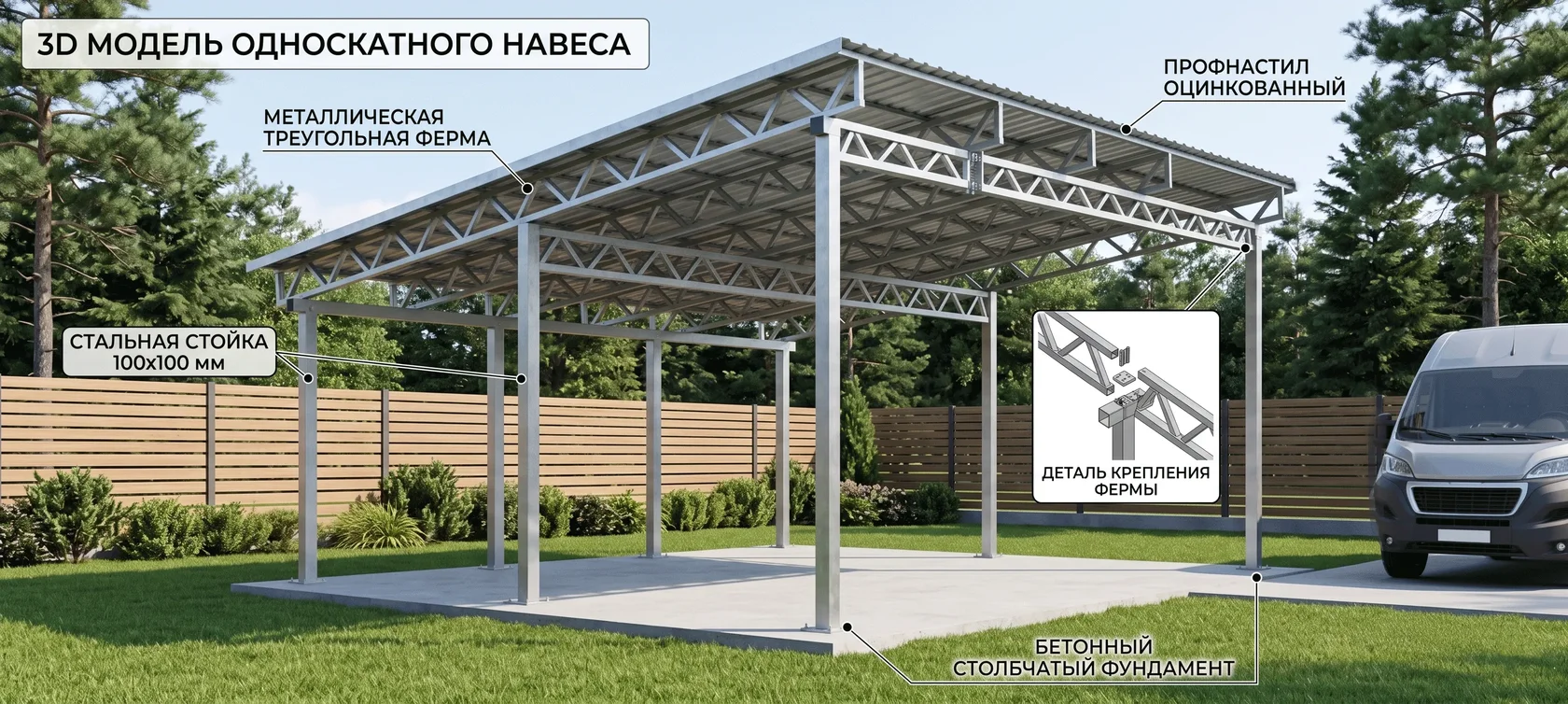 Установка односкатного навеса для машины из профлиста в Красногорске