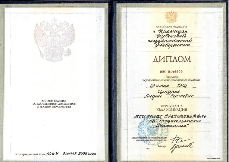 Высшее образование — психолог — скан документа