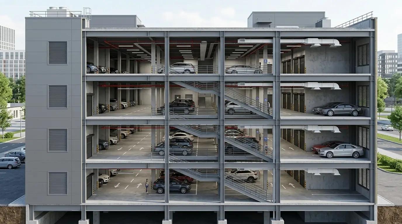 Крытая парковка на металлическом каркасе