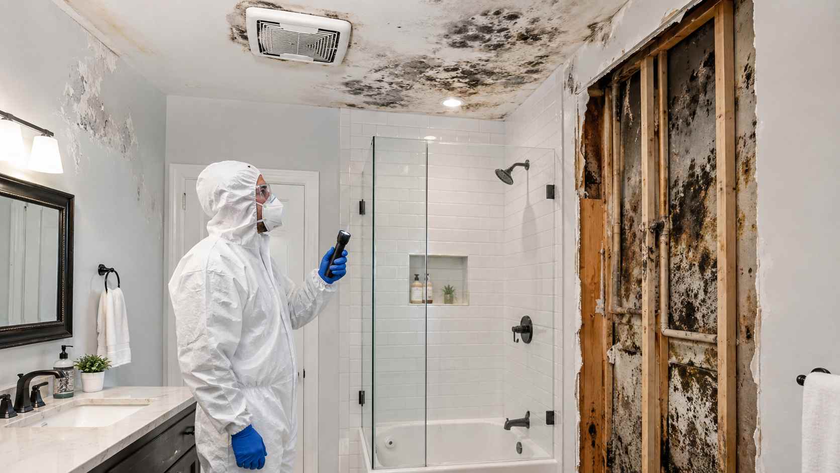 Bathroom mold remediation inspection showing mold in bathroom ceiling and hidden mold behind a shower wall in a Northern Virginia home.