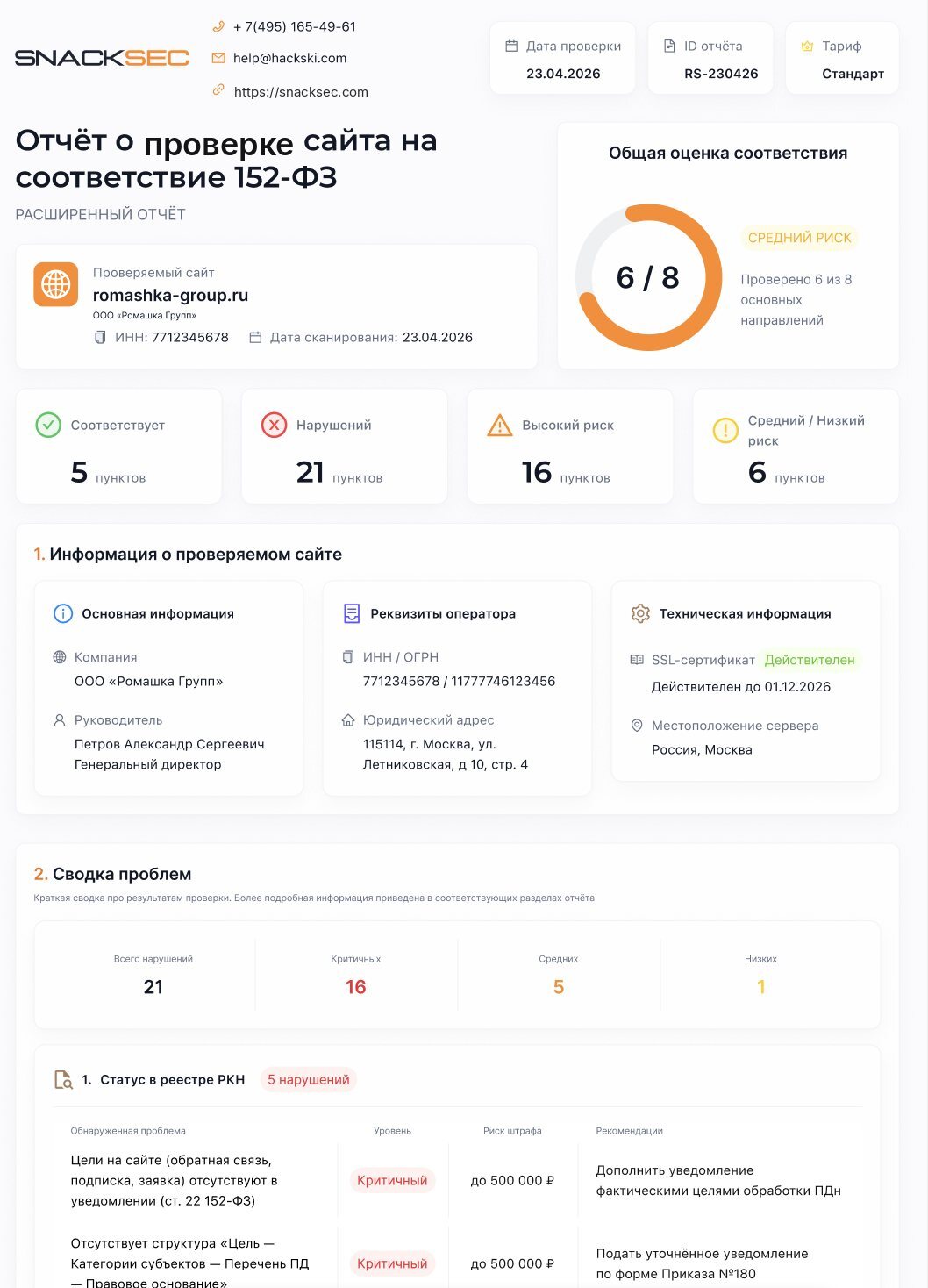 Отчёт Snacksec о проверке сайта клиента