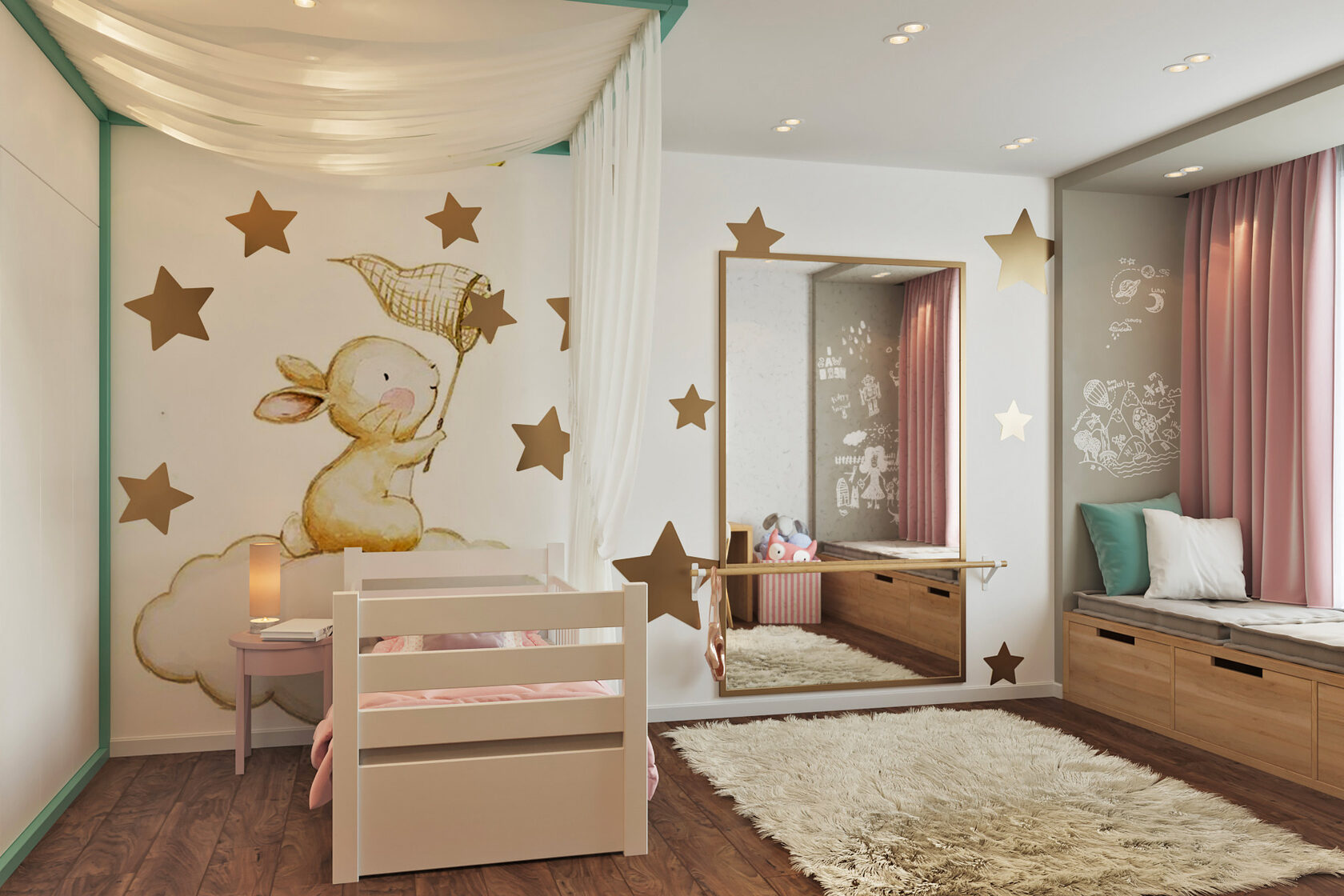 Aménagement chambre enfant et bébé lumineuse avec baldaquin et décor mural rose