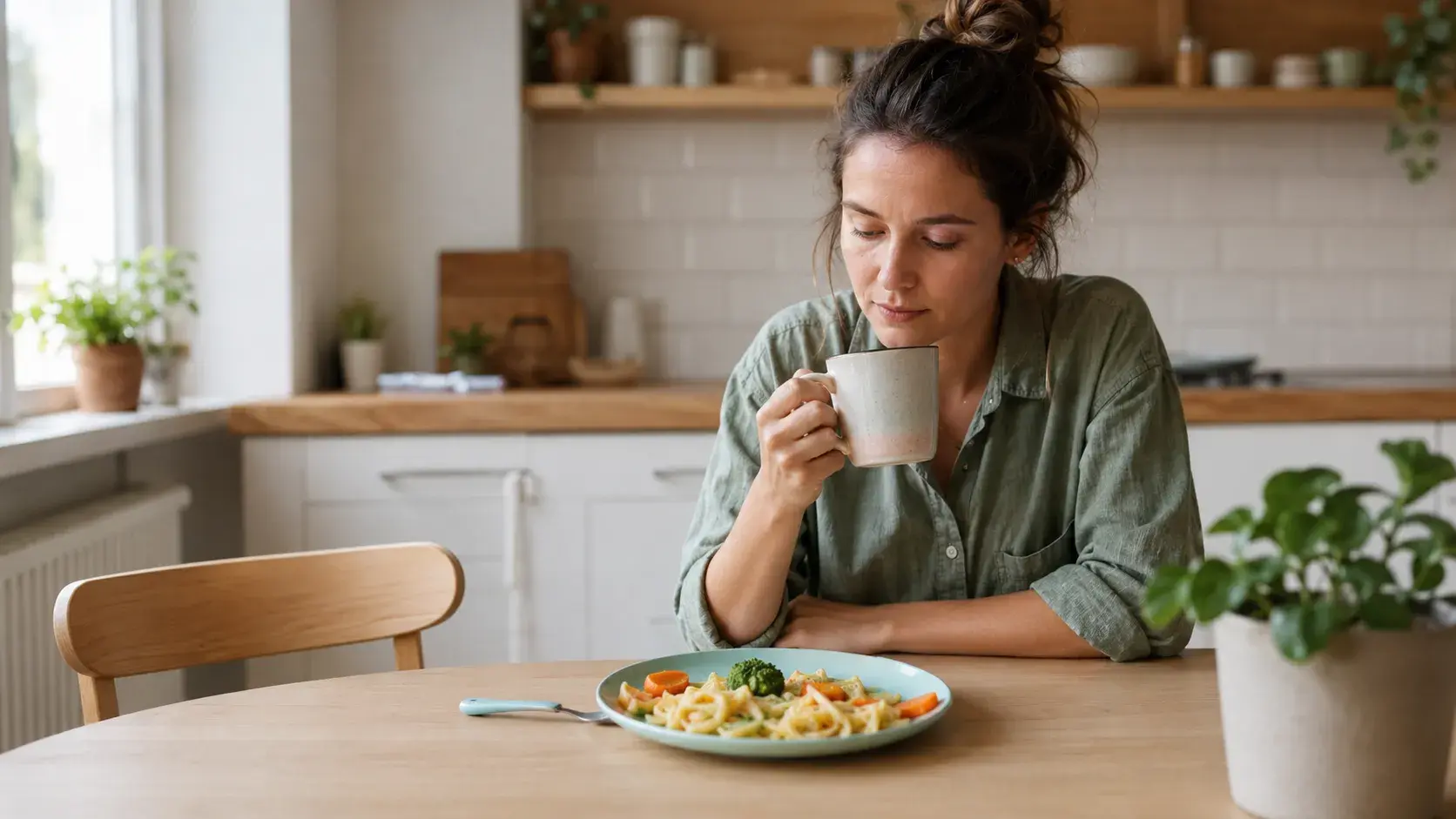 Tired mom looking at untouched toddler plate at a bright kitchen table — picky eater toddler tips