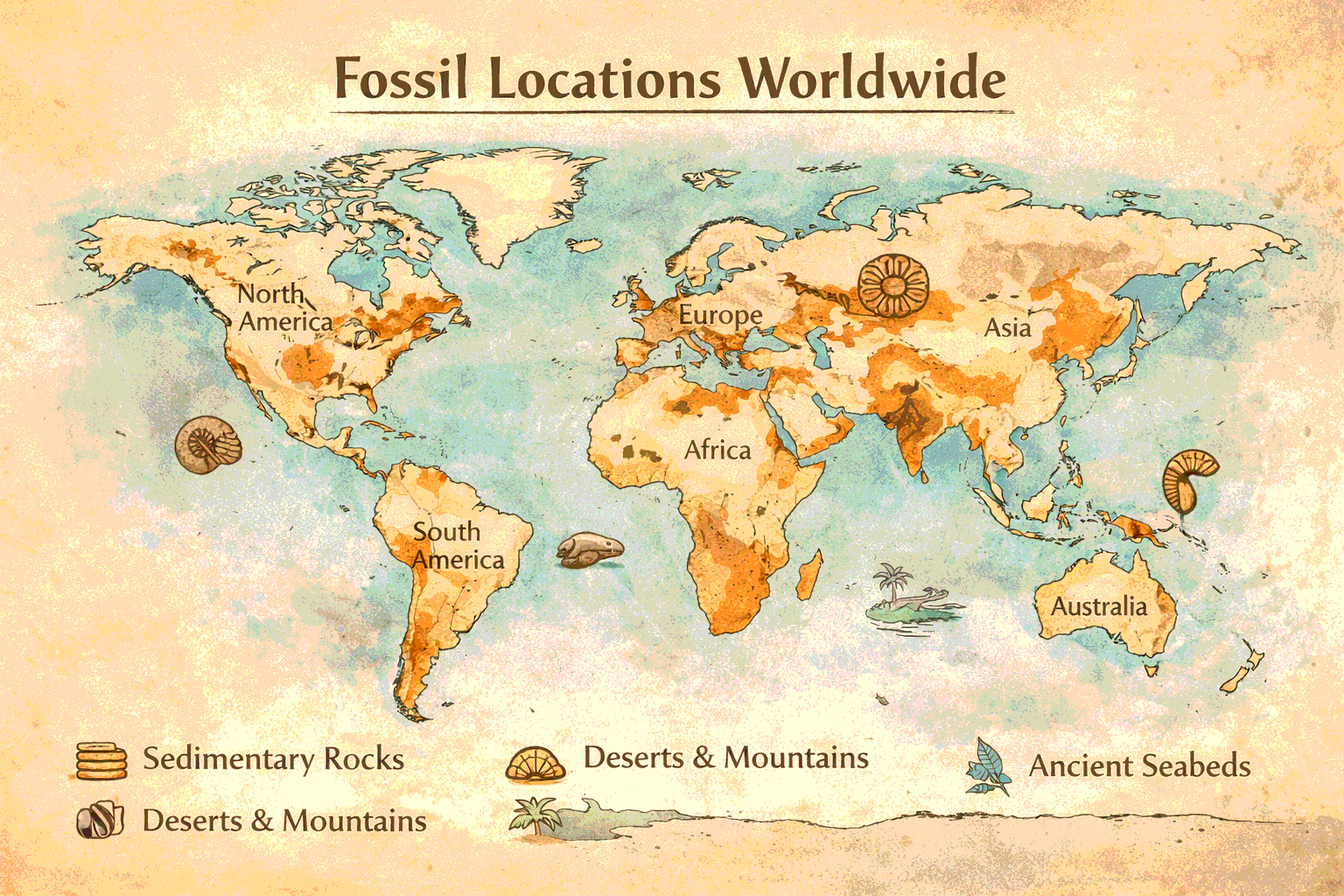map of the world highlighting where fossils are found including sedimentary basins deserts and uplifted seabeds