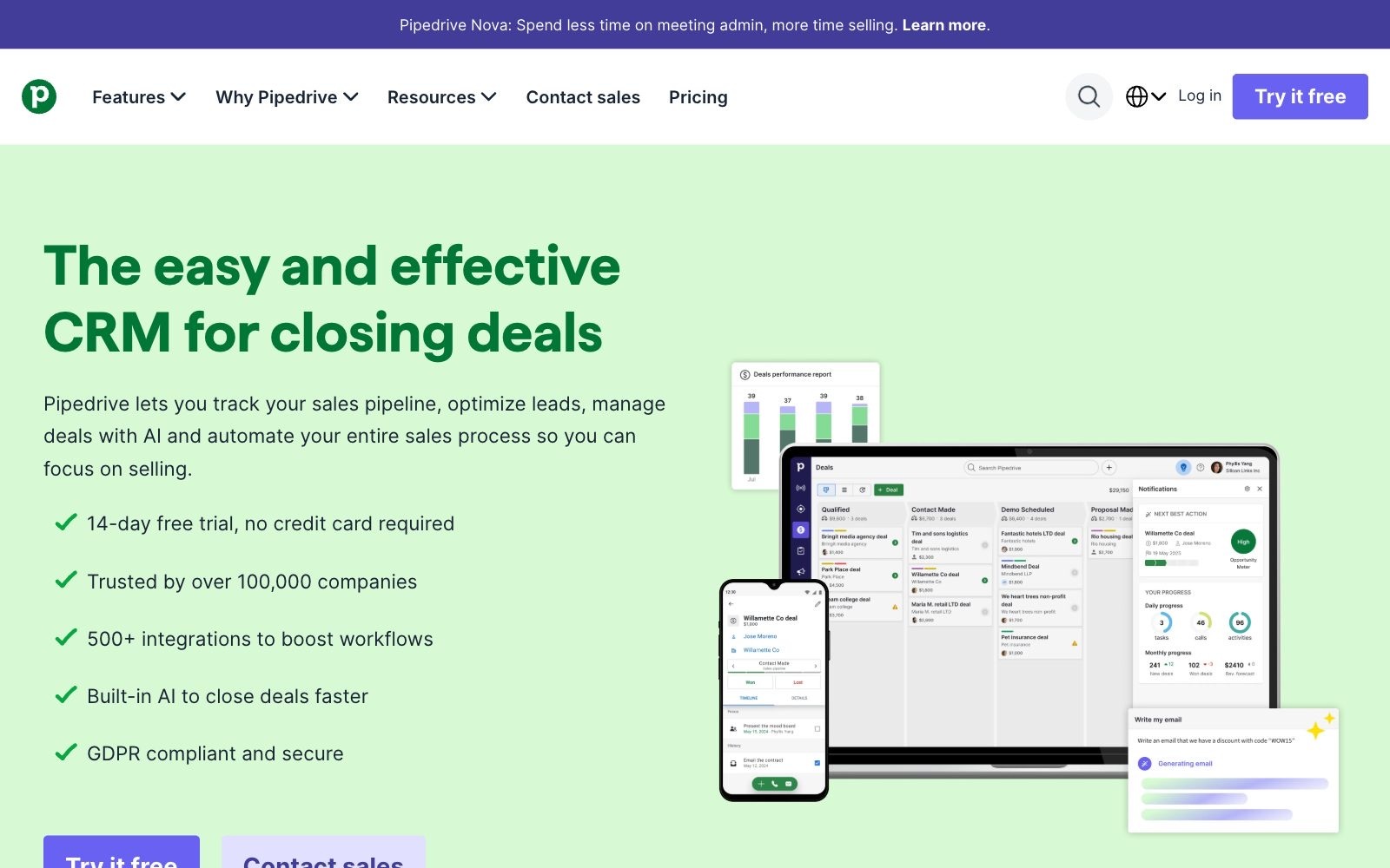 Pipedrive homepage screenshot: sales CRM with AI reports and meeting notes