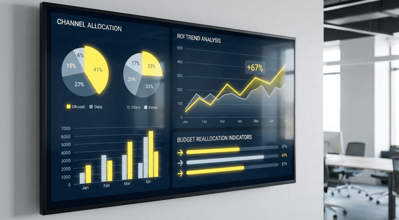 Executive marketing performance dashboard showing real-time budget reallocation, ROAS optimization, and projected ROI trends in an enterprise AI platform.