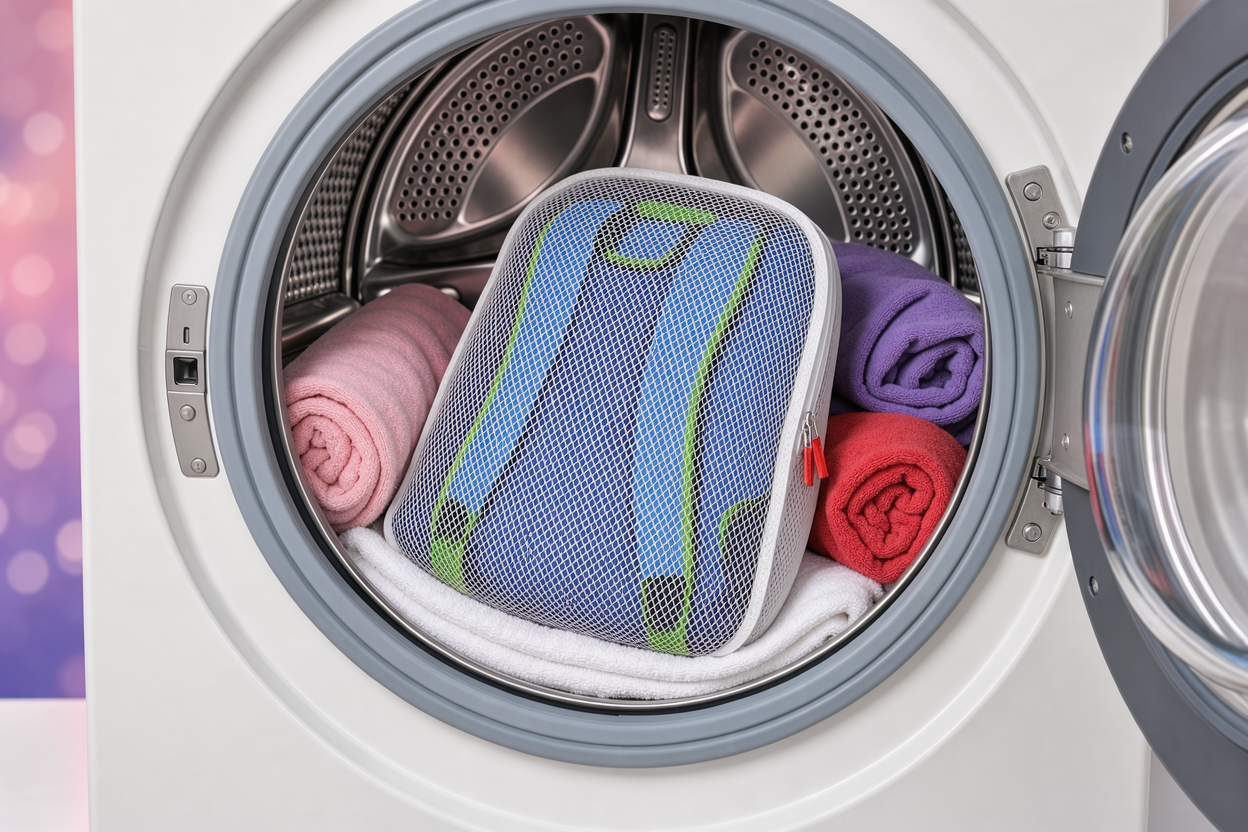 A washing machine drum with a backpack placed inside a protective laundry bag with towels around it, demonstrating safe machine washing setup without logos