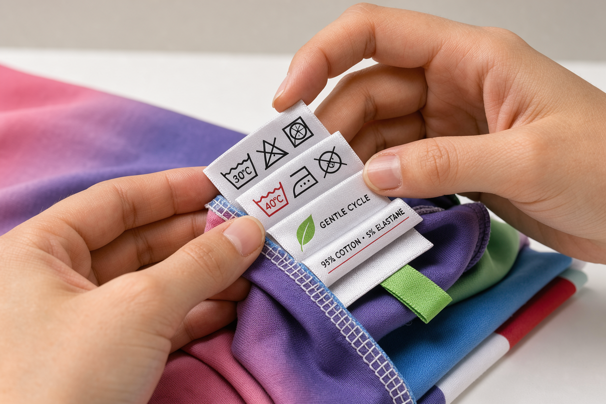 close-up of sewn clothing care labels showing washing symbols and temperatures, hands reading the labels, neutral background