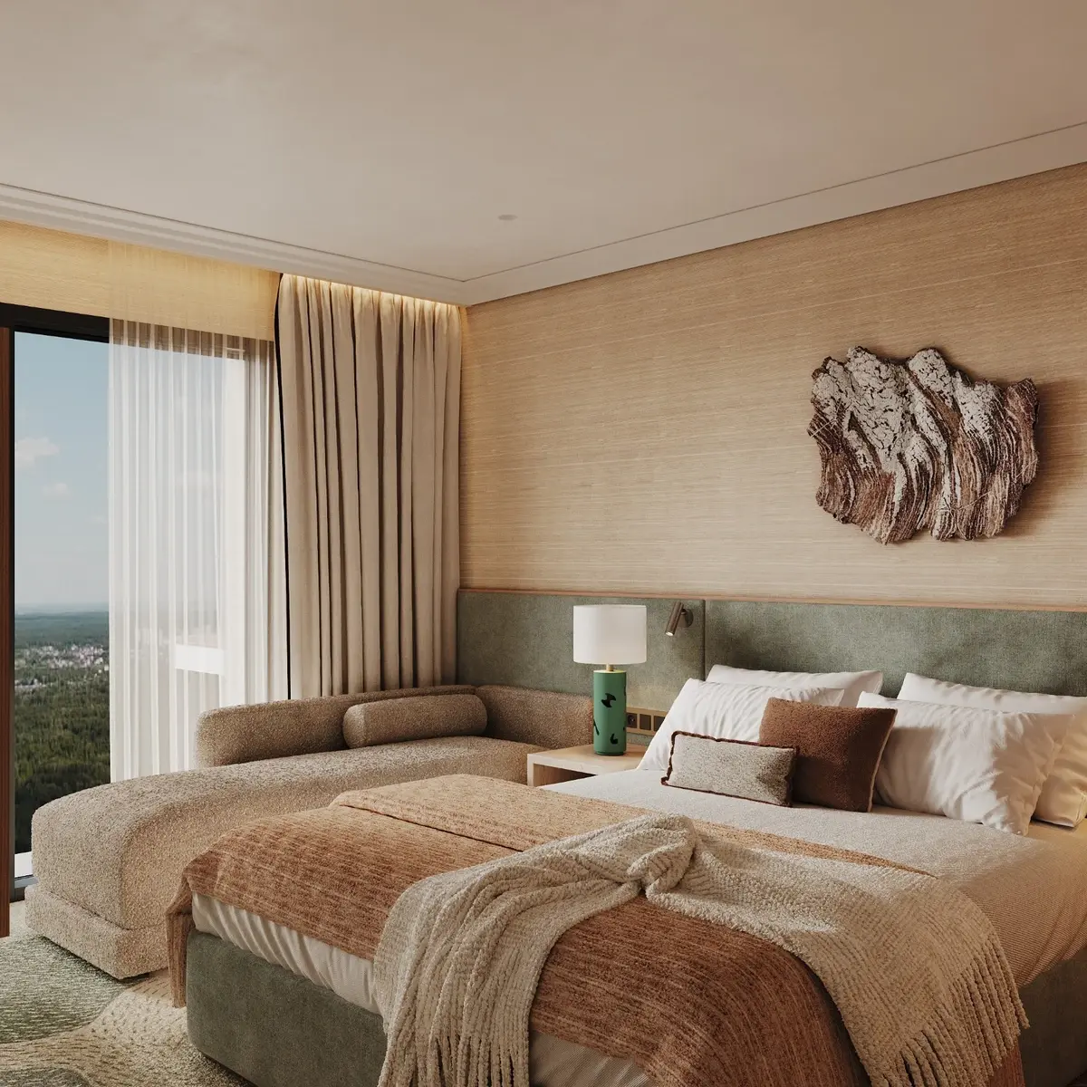 Визуализация VOLNA Resort: спальня с кроватью, диваном и окном