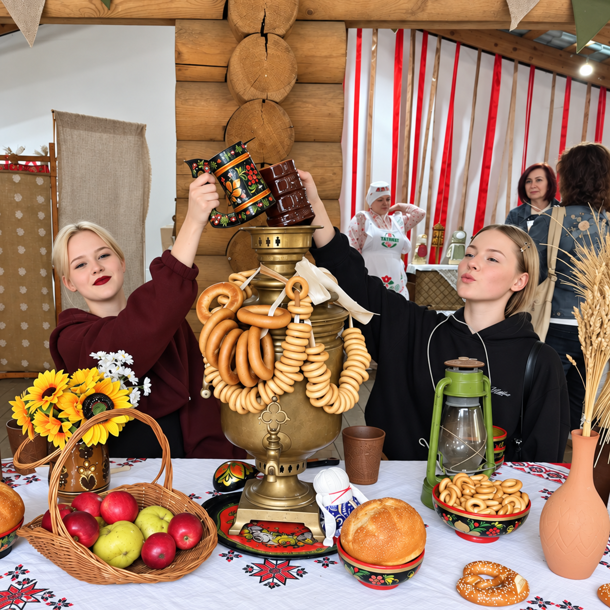Студентки у самовара с баранками и расписными кружками