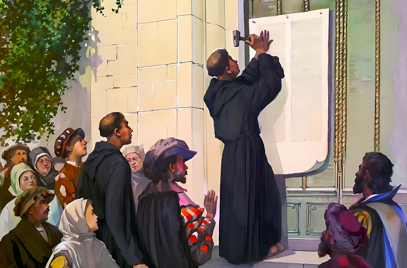 Мартин Лютер прикалывает 95 тезисов к дверям Виттенбергского собора в 1517 году