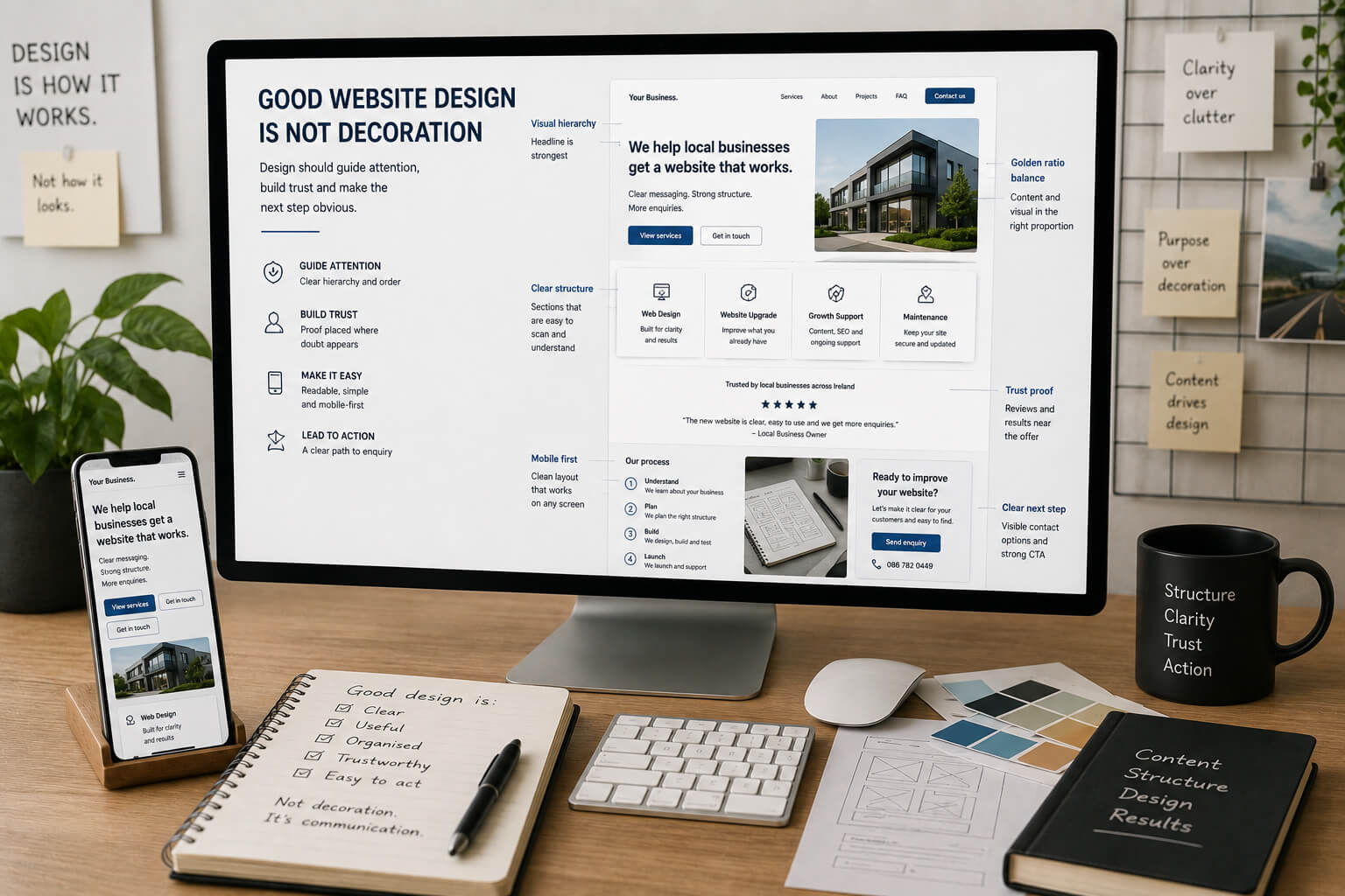 Website design concept showing visual hierarchy content structure customer attention and enquiry path in a clean blue-grey style