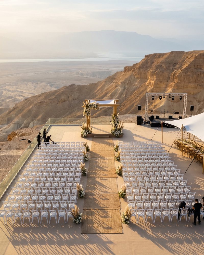 Wedding planners setting up a desert wedding ceremony and reception in Israel
