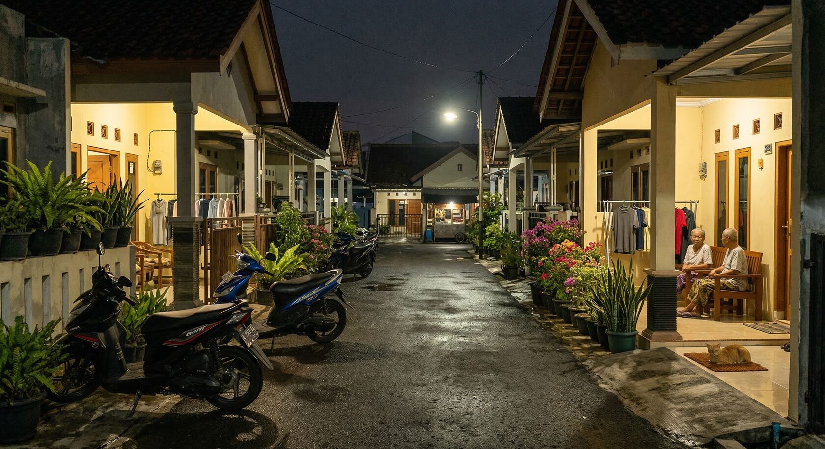 Suasana gang perumahan yang tenang pada malam hari dengan rumah-rumah berdekatan