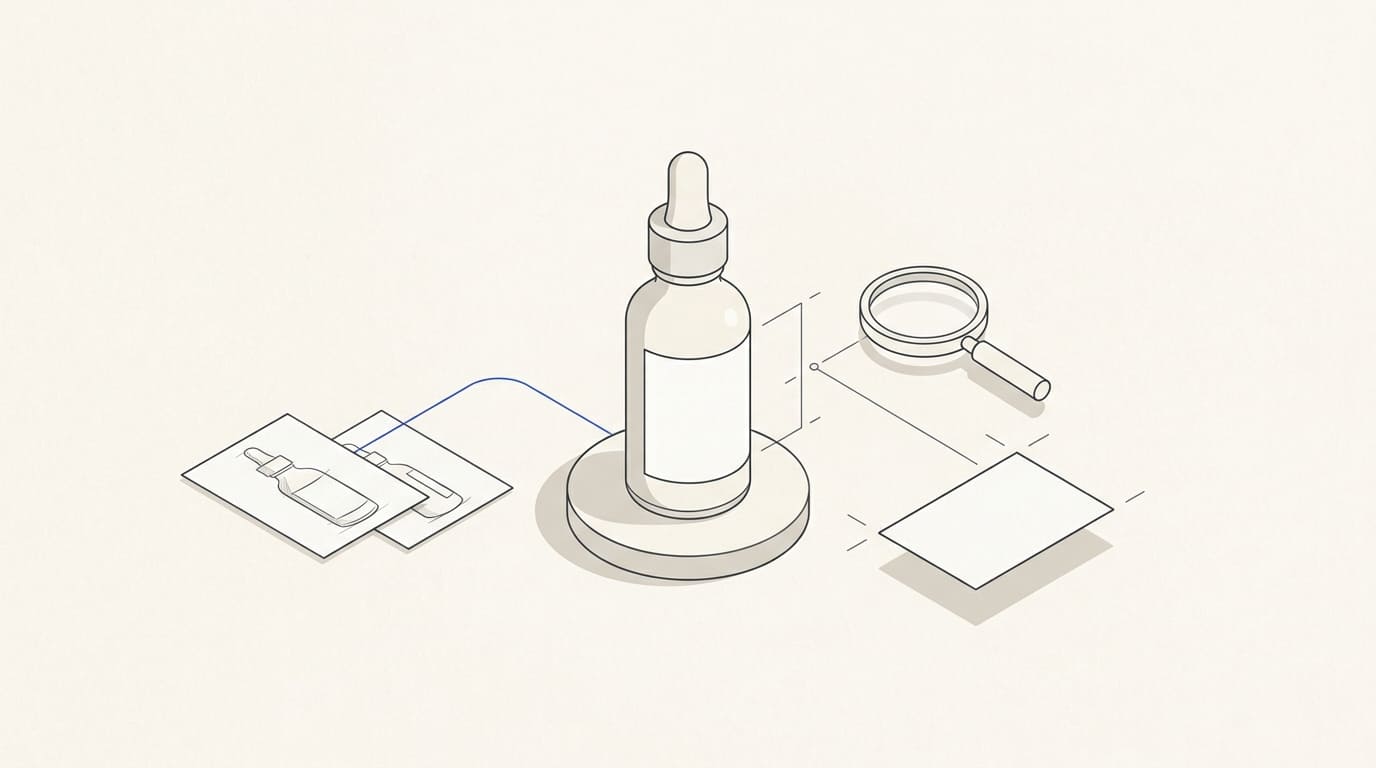A product bottle, reference photo cards and a separate label under a magnifying glass for detail checks.