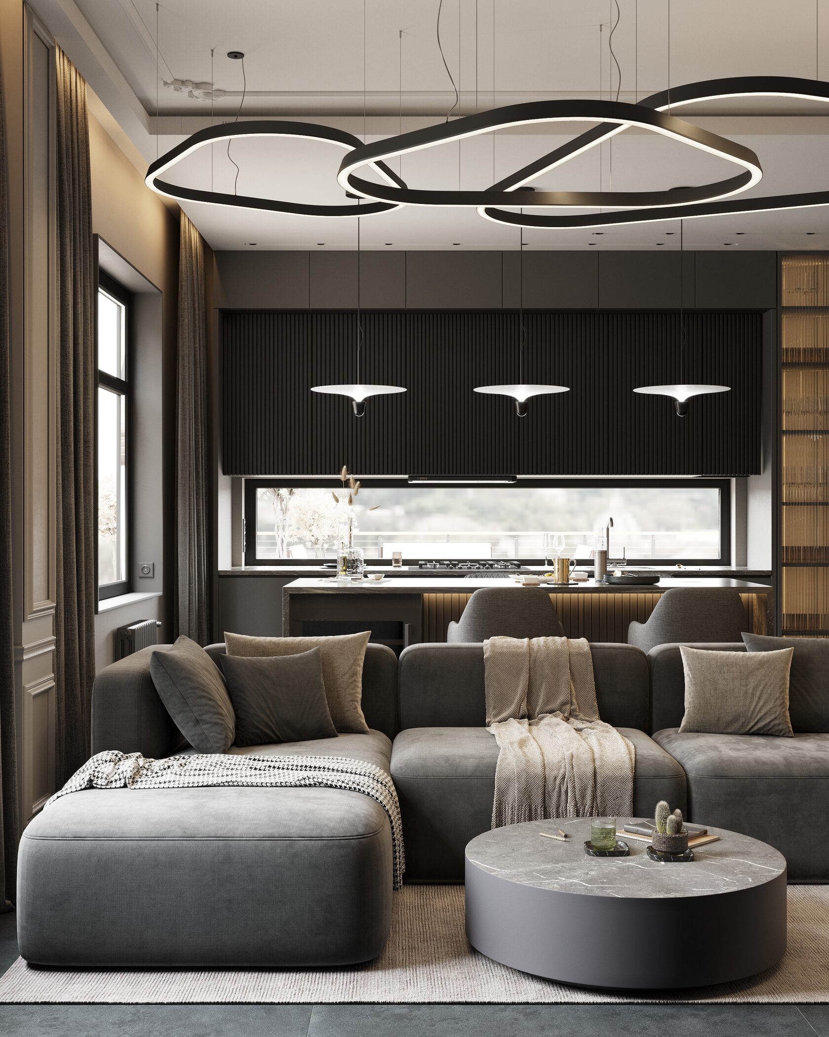 Серый диван в классическом интерьере