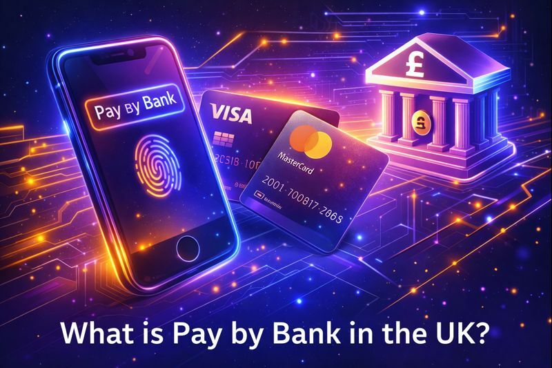 Futuristic illustration of Pay by Bank in the UK, showing a banking app authorising a payment via Open Banking alongside card payments and a digital bank symbol