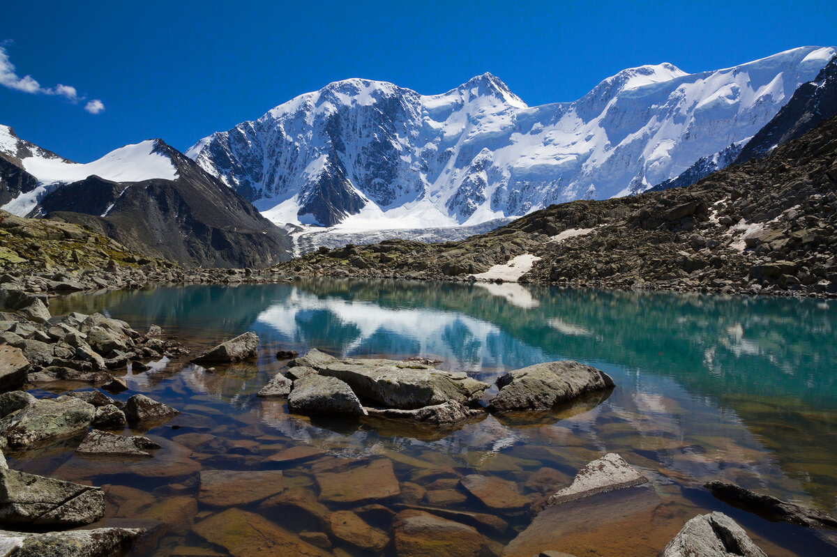 Turquoise mountain lake with the snow-covered massif of Belukha behind it