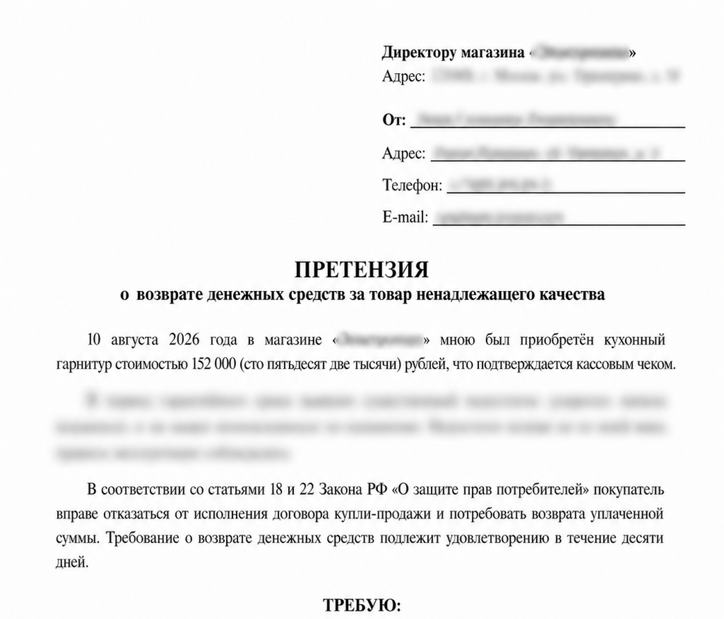 Пример претензии с обезличенными данными