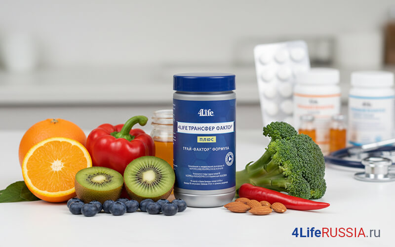 Банка 4Life Transfer Factor Plus на столе рядом с фруктами и овощами