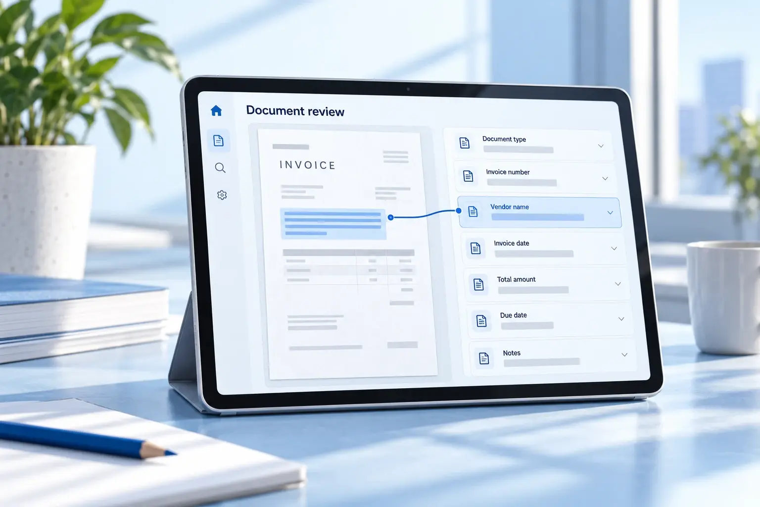 Concept illustration: An open document binder and laptop with a short answer visibly linked to source cards.