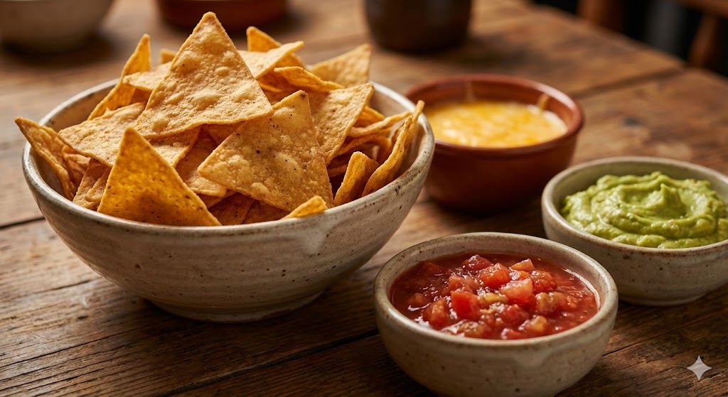 Золотистые кукурузные чипсы тортилья в большой миске с соусами сальса и гуакамоле на деревянном столе.