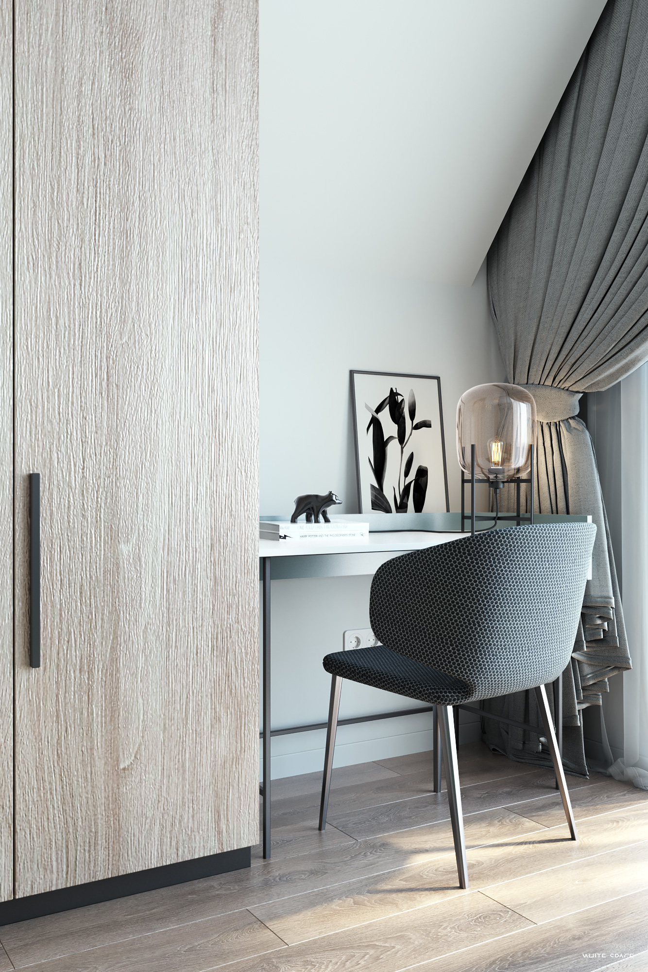 Coin bureau dans une chambre d’enfant moderne avec lampe design et fauteuil élégant