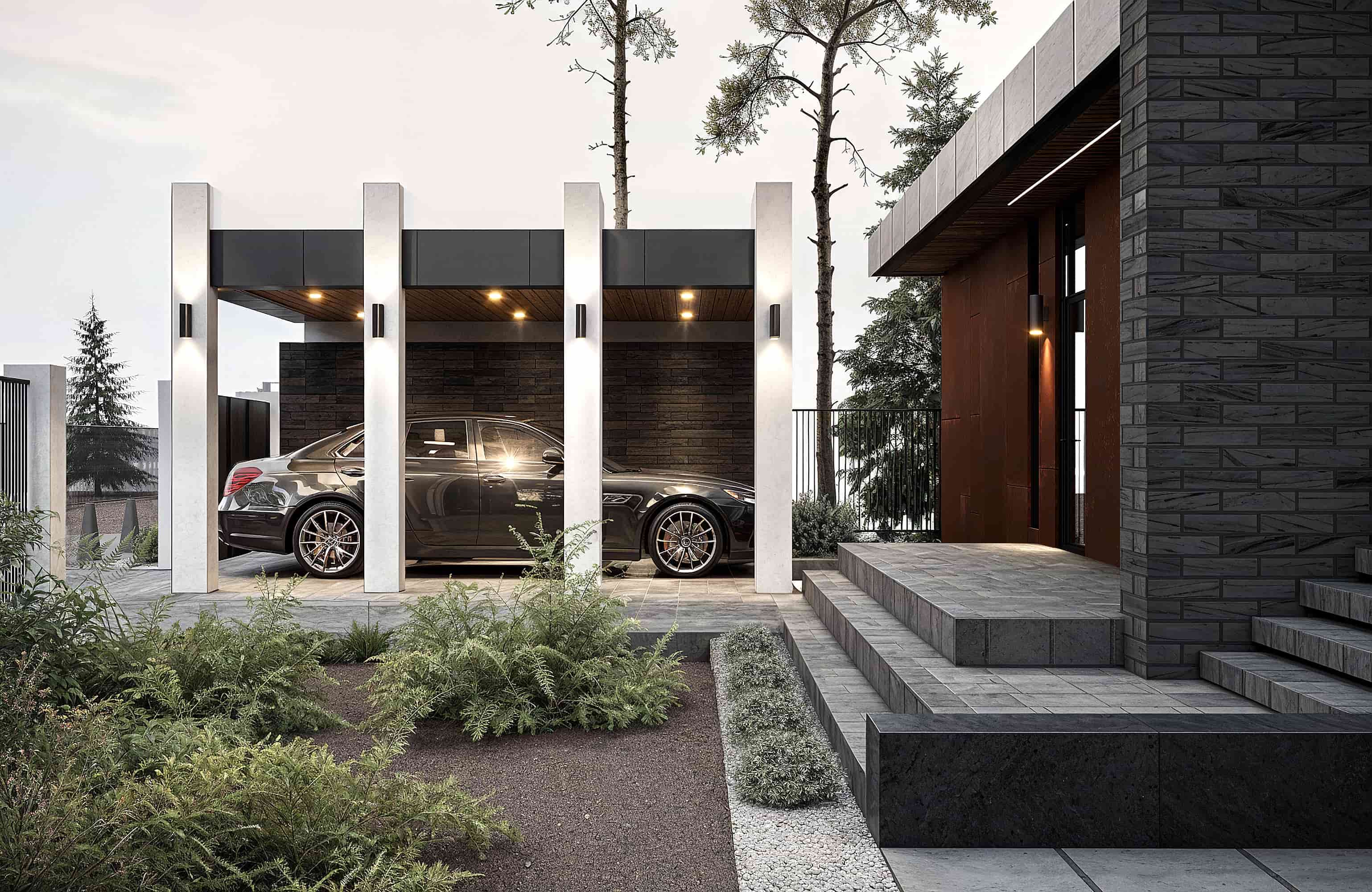 Ресепшн из керамогранита, бетонная стойка с статуэткой из нержавеющей стали