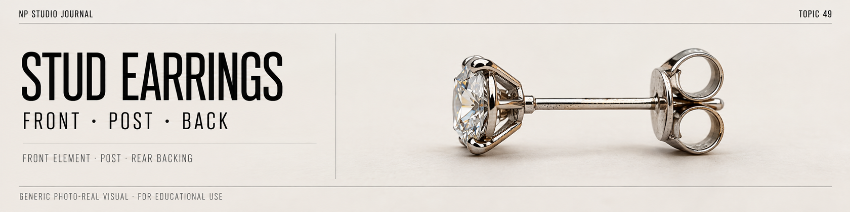 Educational Stud Earrings graphic showing front element, post and back; generic educational visual, not an NP Studio product